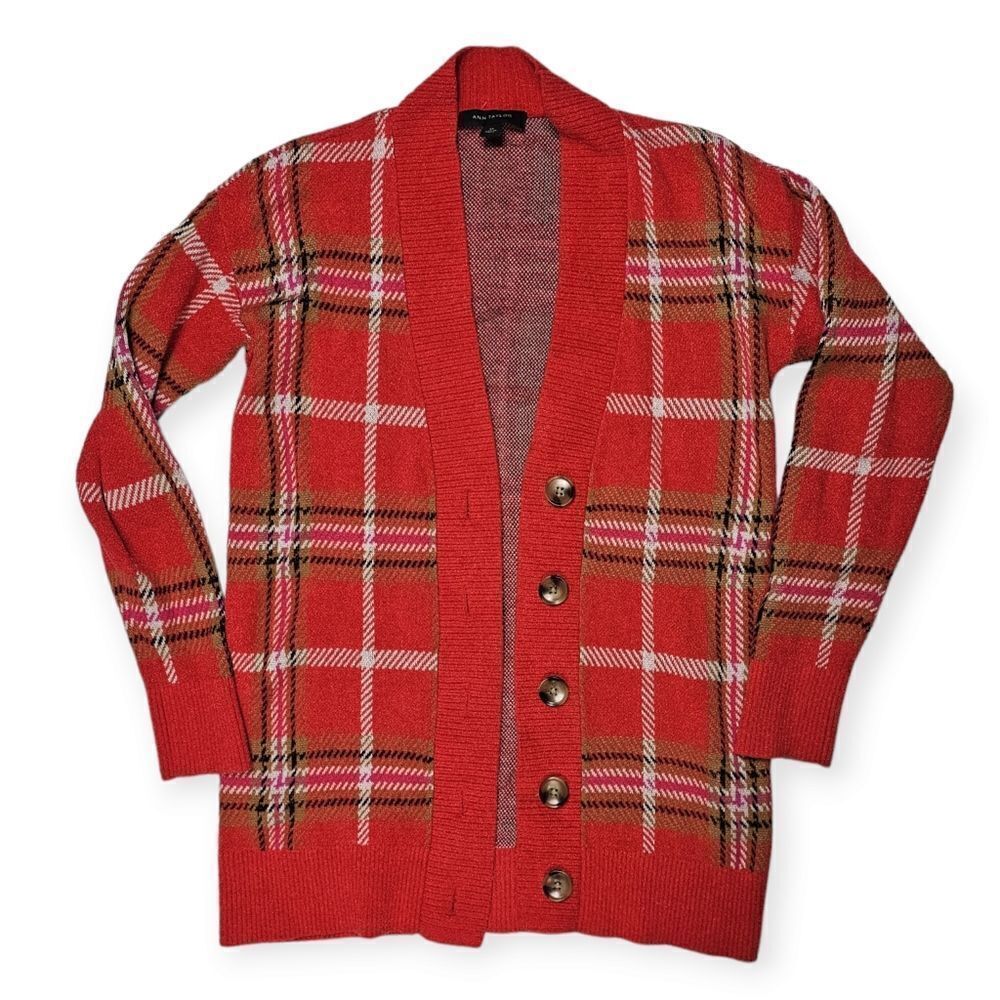Ann Taylor Red Modal Blend Plaid Button Down Boyfriend‎ Sweater Women's Size XS